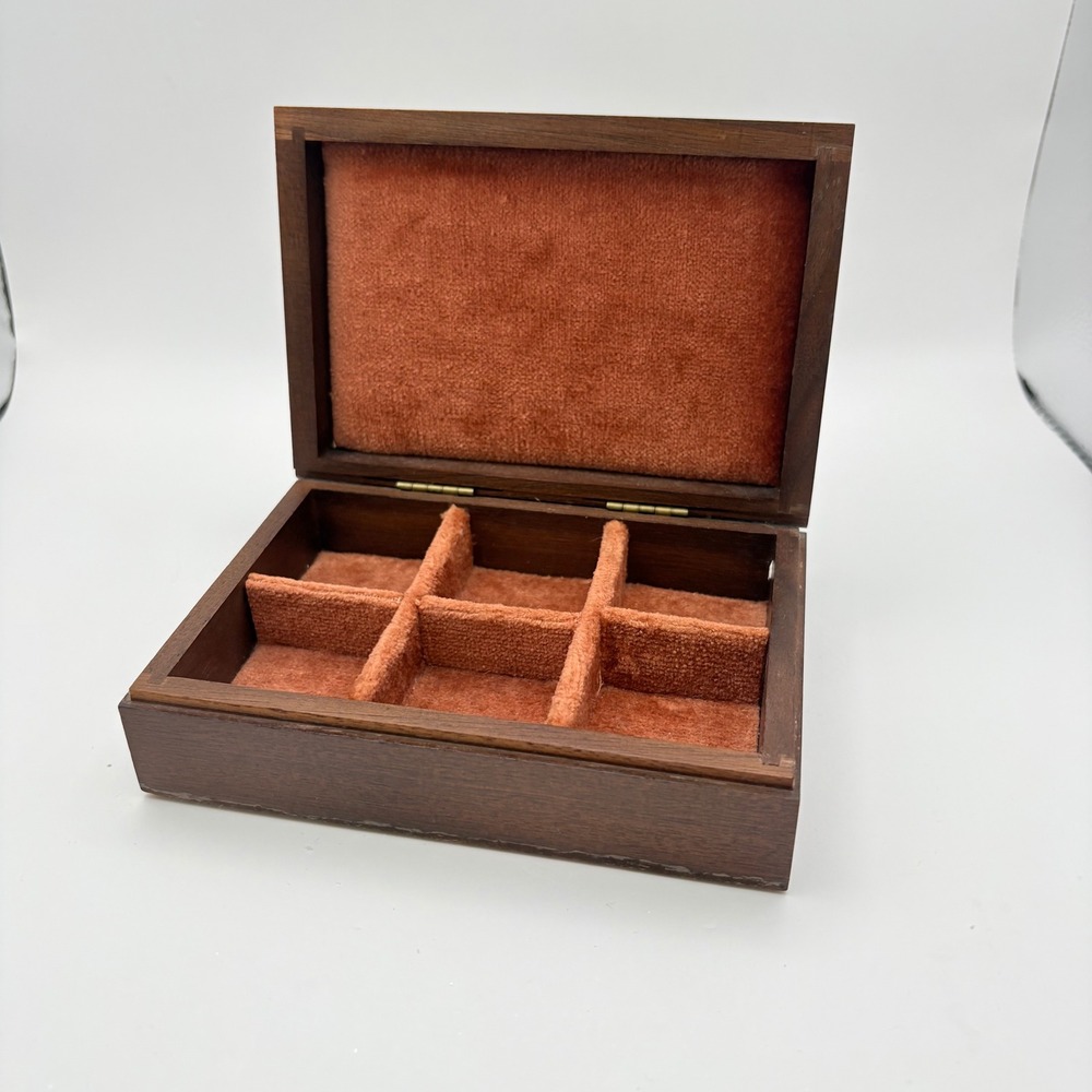 Decatur Industries Trinket Jewelry Box Brown Walnut Wood 6-Slot Velvet MCM